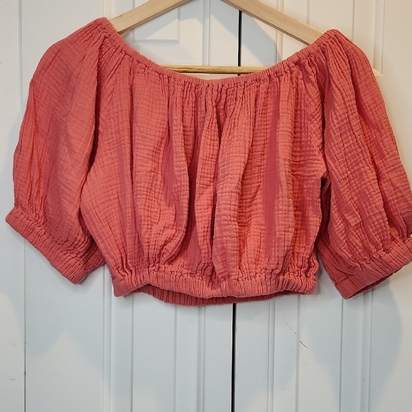 Elan Puff Sleeve Crop Top Off Shoulder Cotton Gauzy Coral Top Size Small - Picture 1 of 6